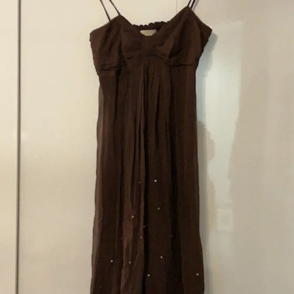 Brown, Silk Dress with Spaghetti Straps and Sequins, Sz 10 - Picture 3 of 12